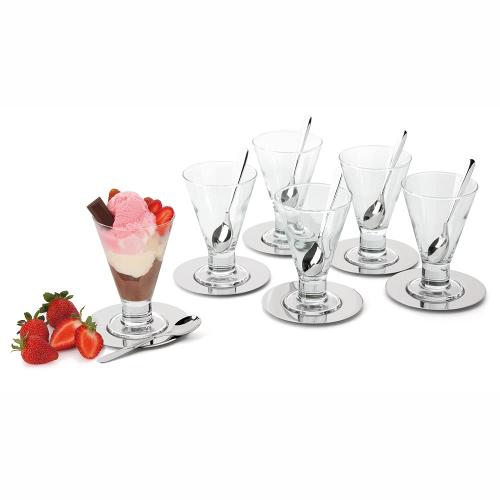 Conjunto de Taças para Sorvete Forma Gelato em Vidro e Inox 13,7 cm - 18 Peças