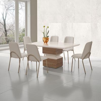 Mesa de Jantar Retangular Aço Nobre Aurora com Tampo de Vidro e 6 Cadeiras Estofadas - Champagne e Off White
