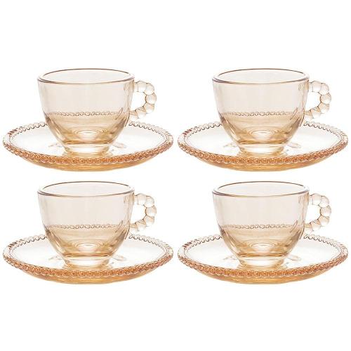 Conjunto com 4 Xícaras e Pires para Café Wolff Pearl em Cristal Âmbar - 80 ml