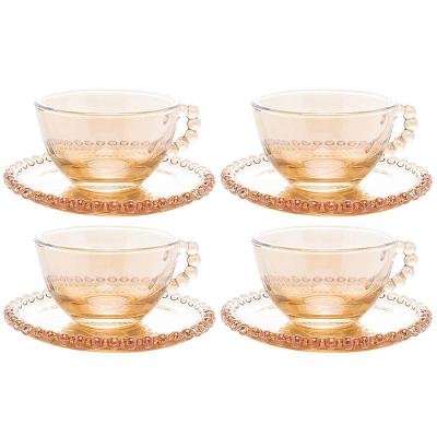 Conjunto com 4 Xícaras e Pires para Chá Wolff Pearl em Cristal Âmbar - 180 ml