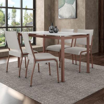 Mesa de Jantar Retangular Fabone Alexa com Tampo de Vidro de 140X80cm com 4 Cadeiras de Jantar Fabone Dora Revestimento em Courino