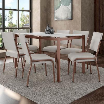 Mesa de Jantar Retangular Fabone Alexa Tampo de Vidro 140x80cm com 6 Cadeiras Dora Revestidas em Courino