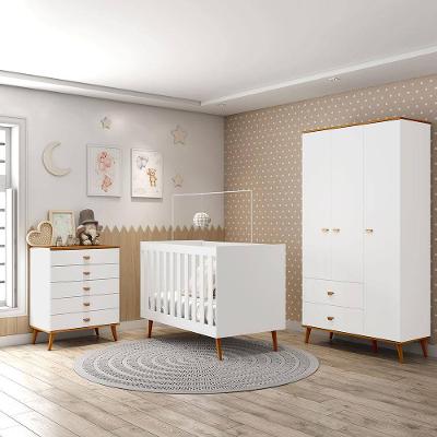 Guarda-Roupa Bartira Ternura com 3 Portas, 2 Gavetas + Cômoda Ternura com 5 Gavetas + Berço Móveis Estrela Ternura