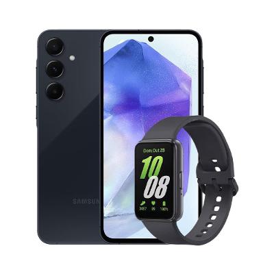 Smartphone Samsung Galaxy A55 5G 128GB Azul Escuro, 8GB RAM, Câmera Tripla Traseira de até 50MP e Tela Super AMOLED 6.6" + Galaxy Fit3 Grafite