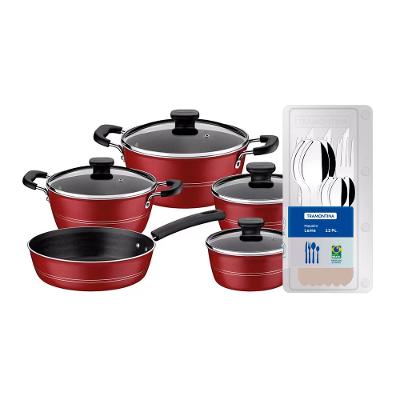 Conjunto de Panelas Tramontina Sicilia com Revestimento Starflon Excellent Vermelho – 5 Peças + Faqueiro 12 Peças Tramontina Leme - Cinza