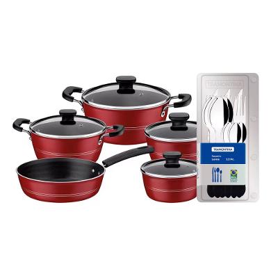 Conjunto de Panelas Tramontina Sicilia com Revestimento Starflon Excellent Vermelho – 5 Peças + Faqueiro 12 Peças Tramontina Leme - Preto