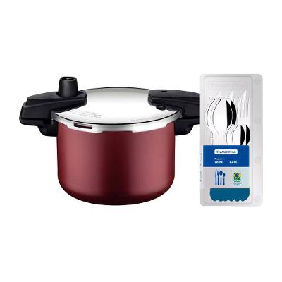 Panela de Pressão Tramontina Arizona em Alumínio, Revestimento Starflon Max 4,5L – Vermelha + Faqueiro 12 Peças Leme, Lâminas em Aço Inox – Azul