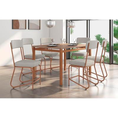 Conjunto Mesa Jantar 6 Cadeiras Fabone Nagoia Aço Carbono Corano Cobre Mesa Retangular 136x80