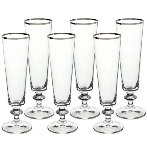 Conjunto de Taças para Champanhe Bohemia Bella Decorada 205 ml em Cristal Ecológico Platinum Rim – 6 Peças
