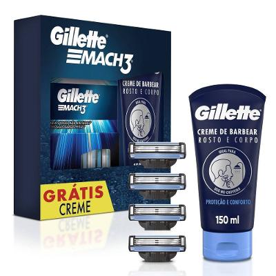 Kit Carga Para Aparelho De Barbear Gillette Mach3 4 Un + Grátis Creme De Barbear Rosto E Corpo 150ml