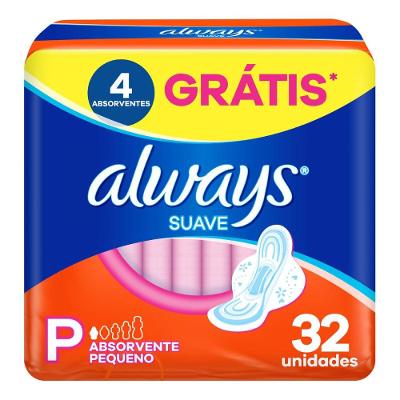 Absorvente Always Tamanho P Suave Com Abas Pacote 32 Unidades Grátis 4 Absorventes