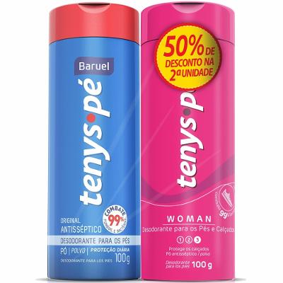 Kit Tenys Pé Desodorante Para Os Pés Pó Original 100g + Pó Woman 100g Com 50% De Desconto