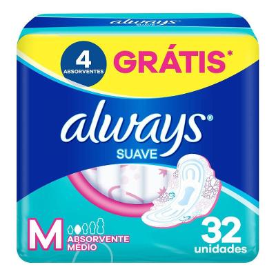 Absorvente Always Tamanho M Suave Com Abas Pacote 32 Unidades Grátis 4 Absorventes