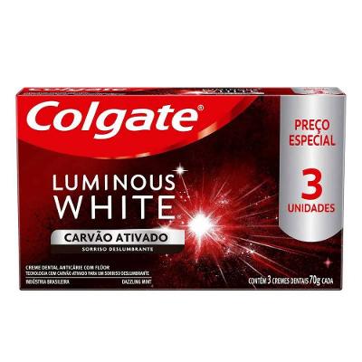 Kit Creme Dental Colgate Luminous White Carvão Ativado 70g Com 3 Unidades