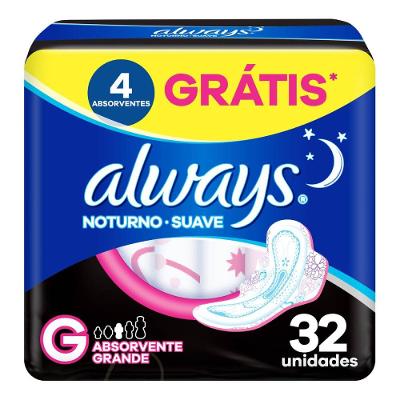 Absorvente Always Not Tamanho G Suave Com Abas Pacote 32 Unidades Grátis 4 Absorventes