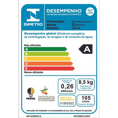 Máquina de Lavar Electrolux 8,5kg Branca Turbo Economia com Jet&Clean e Filtro Fiapos (LAC09)