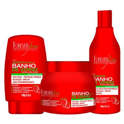 Forever Liss Banho de Verniz Morango Kit - Shampoo + Máscara de Hidratação + Leave-in