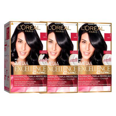 L'Oréal Paris Coloração Imédia Excellence 1 Preto Kit - 3 Unidades