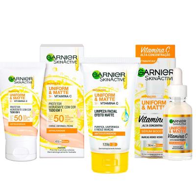 Garnier Skin Uniform & Matte Vitamina C Kit – Sérum Facial + Gel de Limpeza + Protetor Solar FPS50 cor Clara