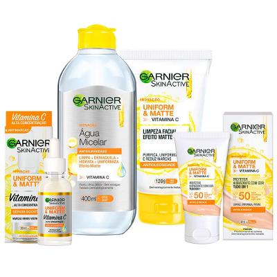 Garnier Skin Uniform & Matte Vitamina C Kit – Sérum + Gel de Limpeza + Água Micelar + Protetor Solar cor Clara