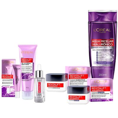 L'Oréal Paris Revitalift Hialurônico Kit – Água Micelar + Creme Anti-idade Noturno + Diurno + Creme Olhos + Gel de Limpeza + Sérum