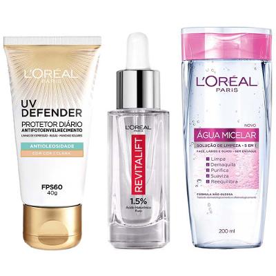 L'Oréal Paris Revitalift UV Defender Kit – Água Micelar 5 em 1 + Sérum + Protetor Solar UV Defender FPS 60 cor Clara