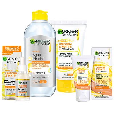 Garnier Skin Uniform & Matte Vitamina C Kit – Sérum + Gel de Limpeza + Água Micelar + Protetor Solar cor Média