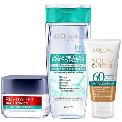 L’Oréal Paris Kit – Água Micelar Efeito Matte 200ml + Gel Creme Antioleosidade 50ml + Protetor Solar com Cor FPS60 – Média 40g