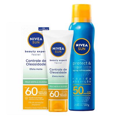 NIVEA Kit – Protetor Solar Spray Protect & Toque Seco FPS50 200ml + Protetor Solar Facial Sun Beauty Expert Pele Oleosa FPS50 50g