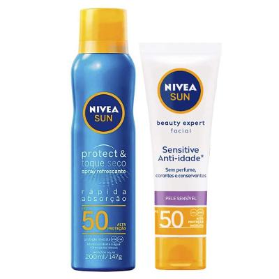 NIVEA Kit - Protetor Solar Spray Protect & Toque Seco FPS50 200ml + Protetor Solar Facial Beauty Expert Sensitive FPS 50 50g