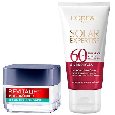 L’Oréal Paris Kit – Protetor Solar Facial Solar Expertise Antirrugas FPS60 40g + Gel Creme Facial Antioleosidade Revitalift Hialurônico 50ml