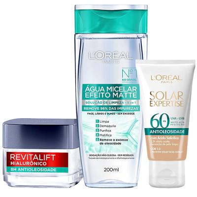 L’Oréal Paris Kit – Água Micelar Efeito Matte 200ml + Gel Creme Antioleosidade 50ml + Protetor Solar com Cor FPS60 – Clara 40g