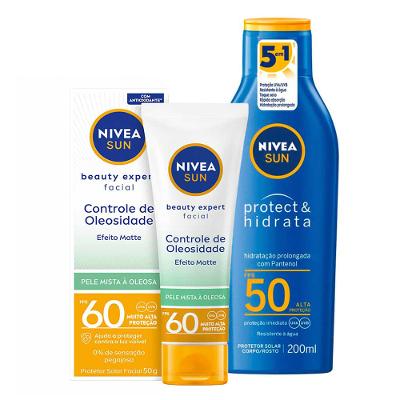 NIVEA Kit – Protetor Solar Sun Protect & Hidrata FPS50 200ml + Protetor Solar Facial Sun Beauty Expert Pele Oleosa FPS50 50g