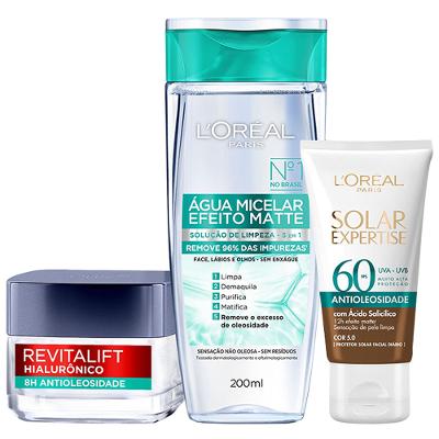 L’Oréal Paris Kit – Água Micelar Efeito Matte 200ml + Gel Creme Antioleosidade 50ml + Protetor Solar com Cor FPS60 – Negra 40g