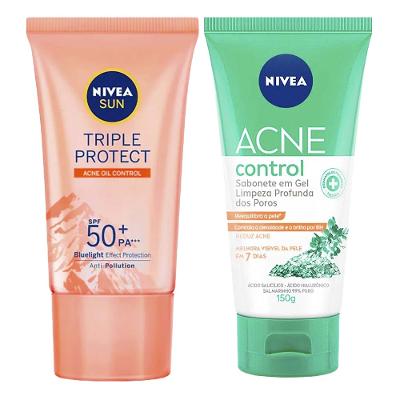 NIVEA Kit – Protetor Solar Facial Sun Triple Protect Antiacne FPS50 40ml + Sabonete Facial em Gel Acne Control Limpeza Profunda 150ml
