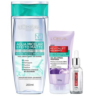 L’Oréal Paris Kit - Água Micelar Efeito Matte 200ml + Gel de Limpeza Oil Control 150g + Sérum Preenchedor Anti Idade 15ml