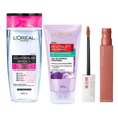 L’Oréal Paris + Maybelline Kit - Água Micelar Bifásica + Gel de Limpeza Antioleosidade + Batom Líquido Longa Duração Seductress