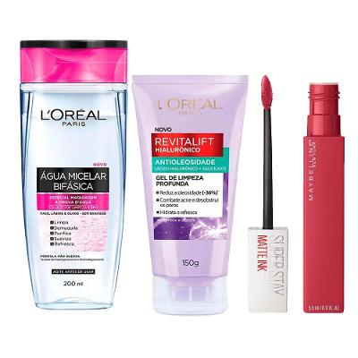 L’Oréal Paris + Maybelline Kit - Água Micelar Bifásica + Gel de Limpeza Antioleosidade + Batom Líquido Longa Duração Ruler