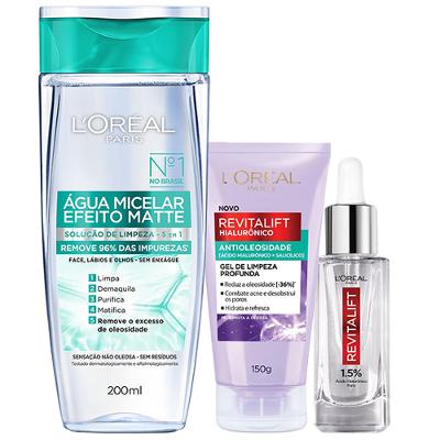 L’Oréal Paris Kit - Água Micelar Efeito Matte 200ml + Gel de Limpeza Oil Control 150g + Sérum Preenchedor Anti Idade 30ml
