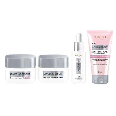 L'Oréal Paris Glycolic Bright Kit – Gel Creme Dia + Gel Creme Noite + Sérum + Gel de Limpeza