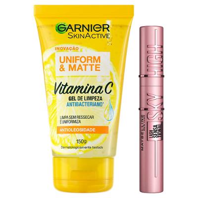 Garnier Skin + Maybelline Kit – Gel de Limpeza Facial Uniform & Matte Vitamina C + Máscara de Cílios Lash Sensational Sky High