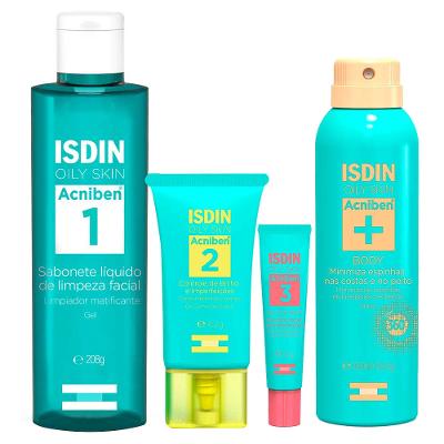 Isdin Kit – Sabonete Líquido Facial + Gel Creme Facial + Spray Corporal Antiacne + Gel Secativo para Espinhas