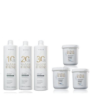 BRAÉ Wanna Be Blond Água Oxigenada 10V 900ml+Água Oxigenada 20V 900ml+Água Oxigenada 30v+3 Pó Descolorantes 500g
