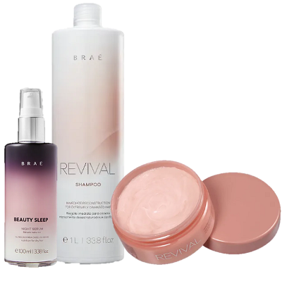 BRAÉ Revival Shampoo 1L Mascara de Reconstrução 200g e Beauty Sleep 100ml