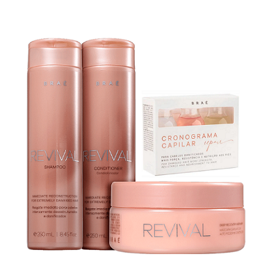 BRAE Revival Shampoo+Condicionador 250ml+Mascara 200ml+Cronograma Capilrar Repair Kit 3 Ampolas
