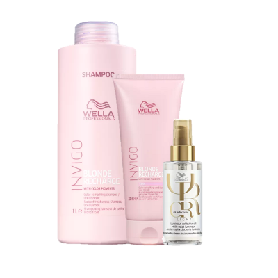 Wella Professionals Invigo Blonde Recharge Shampoo 1L Condicionador 200ml e Oil Reflections Light 100ml