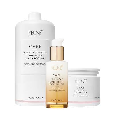 Kit Keune Care Keratin Smooth Shampoo Litro Máscara e Lumi Coat Supreme Cream Finalizador (3 produtos)