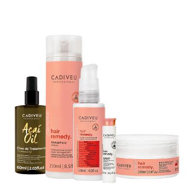 Kit Cadiveu Essentials Hair Remedy Shampoo Máscara Leave-in Sérum Ampola e Açaí Oil 60 (5 produtos)