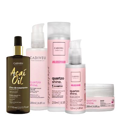 Kit Cadiveu Professional Essentials Quartzo Shine Shampoo Máscara Pré-Shampoo Leave-in e Açaí Oil 110 (5 produtos)