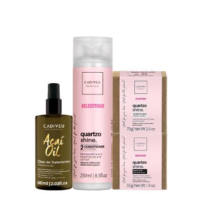 Kit Cadiveu Professional Essentials Quartzo Shine Shampoo em Barra Condicionador Máscara em Barra e Açaí Oil 60 (4 produ